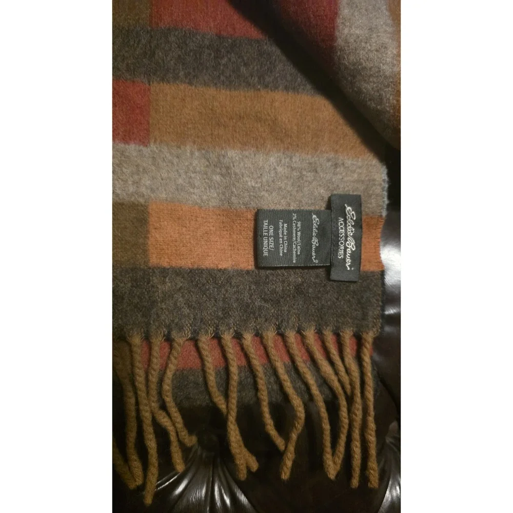 Eddie Bauer Wool & Cashmere knit scarf orange brown tan Geometric Fringe 75x10
